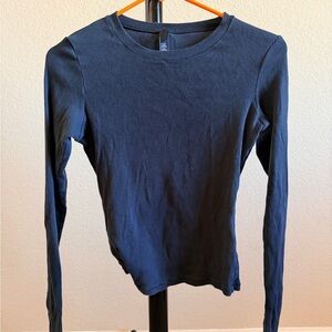 SKIMS Navy Ribbed Long Sleeve Crewneck Top